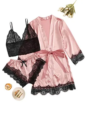 SheIn Women's Sheer Lace Bralette and Striped Shorts Pajama Lingerie Set with Robe Pastel Pink Medium