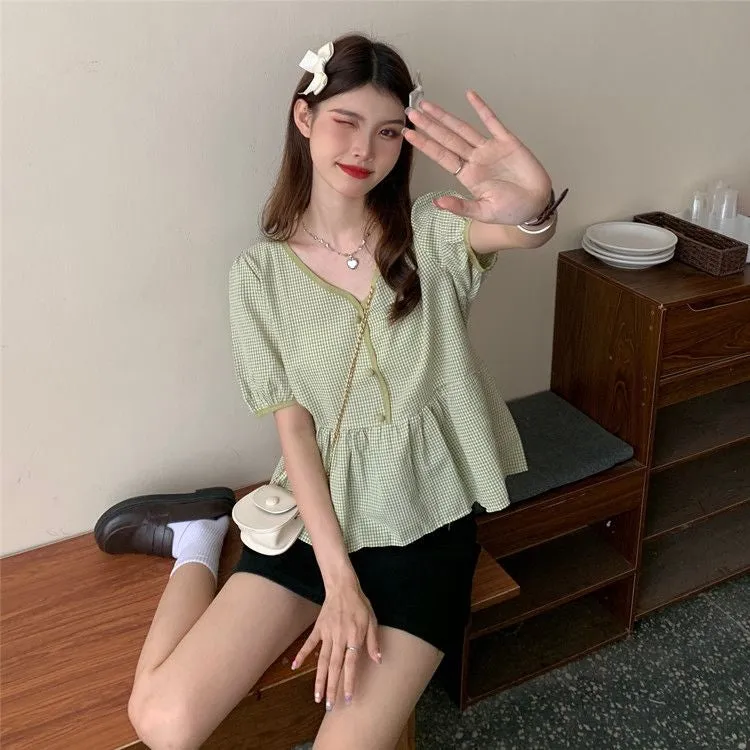 Short Sleeve Cute Plaid V-Neck Blouse Shirt