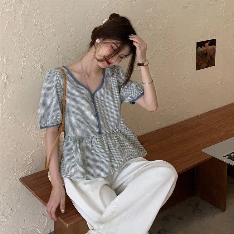 Short Sleeve Cute Plaid V-Neck Blouse Shirt