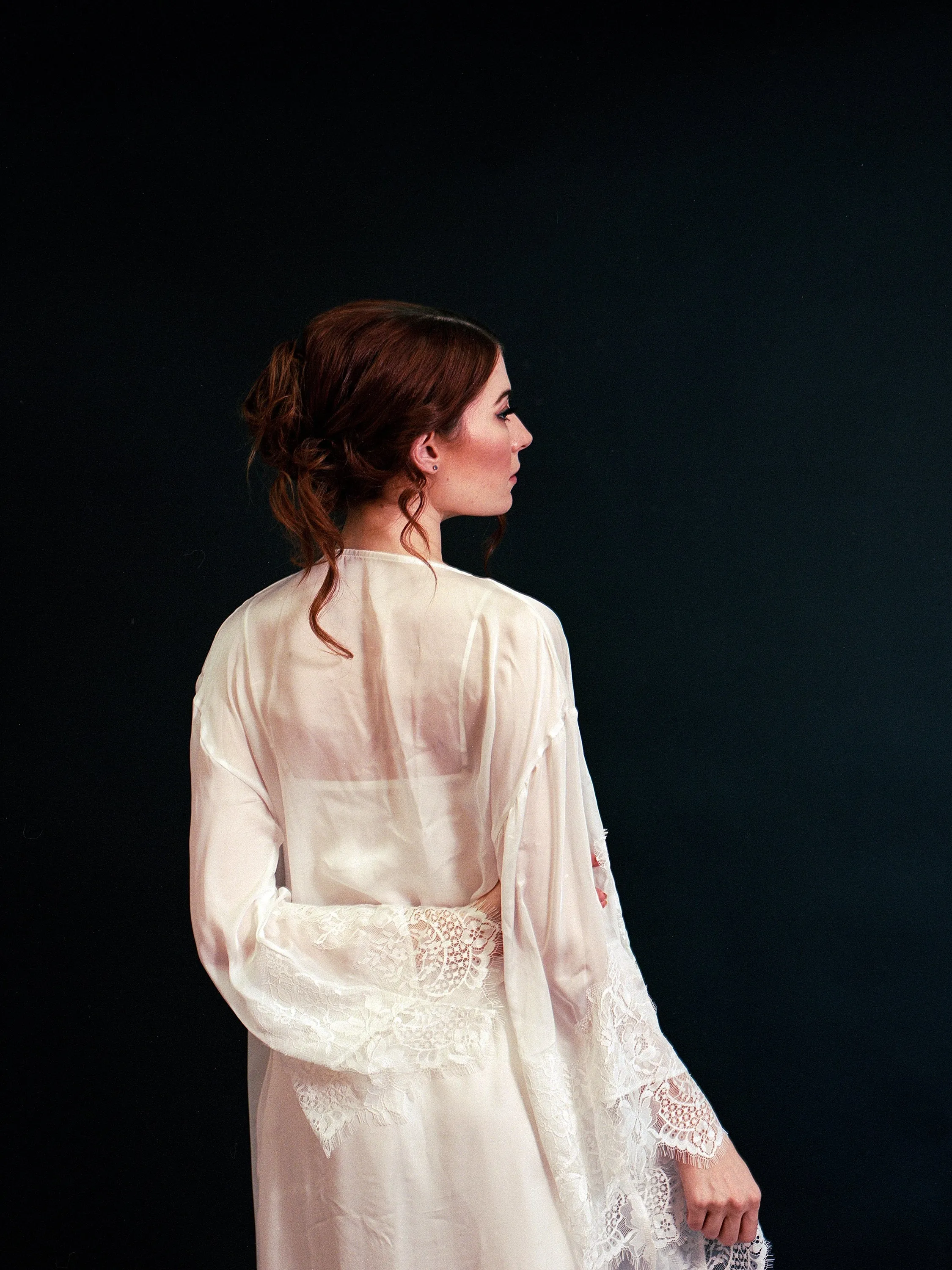 Silky Chiffon Trimmed Lace Long Lingerie Robe with Nightgown
