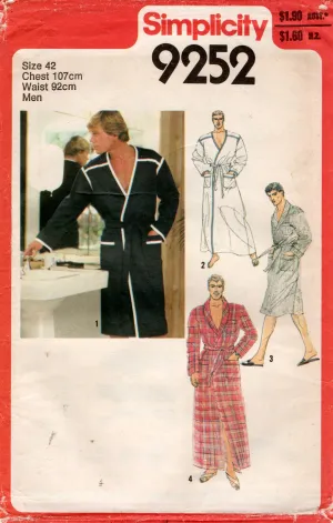 Simplicity 9252 Mens Wrap Robe Dressing Gown 1970s Vintage Sewing Pattern Size 42 inches UNCUT Factory Folded