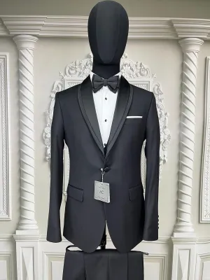 Single Button Three Pieces Tuxedo Suit with Contrasting Black Satin Lapel, matching bow tie and Black Pants.