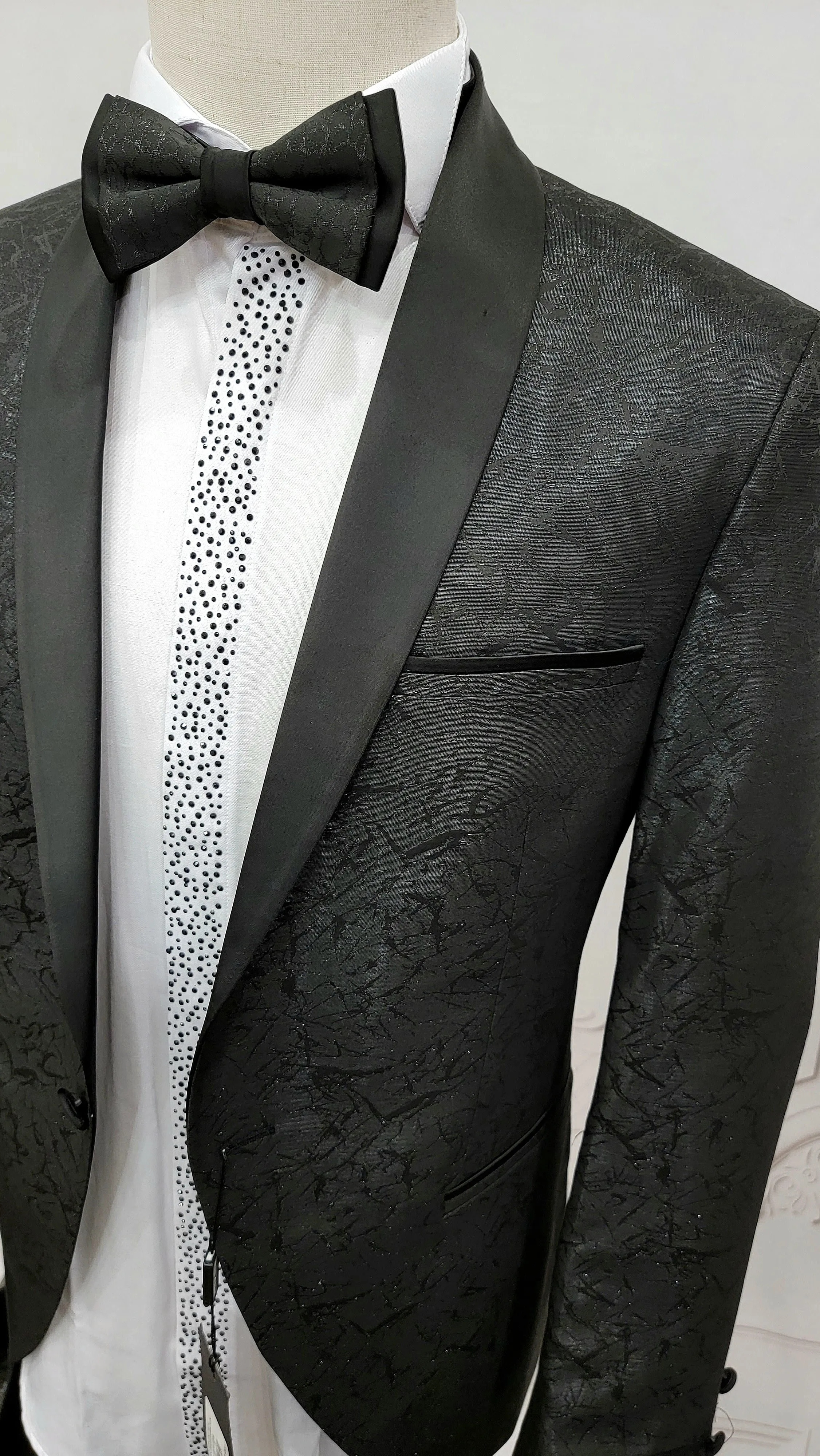 Single Button Two-Piece Tuxedo Suit with matching bow tie and Black Pants.
