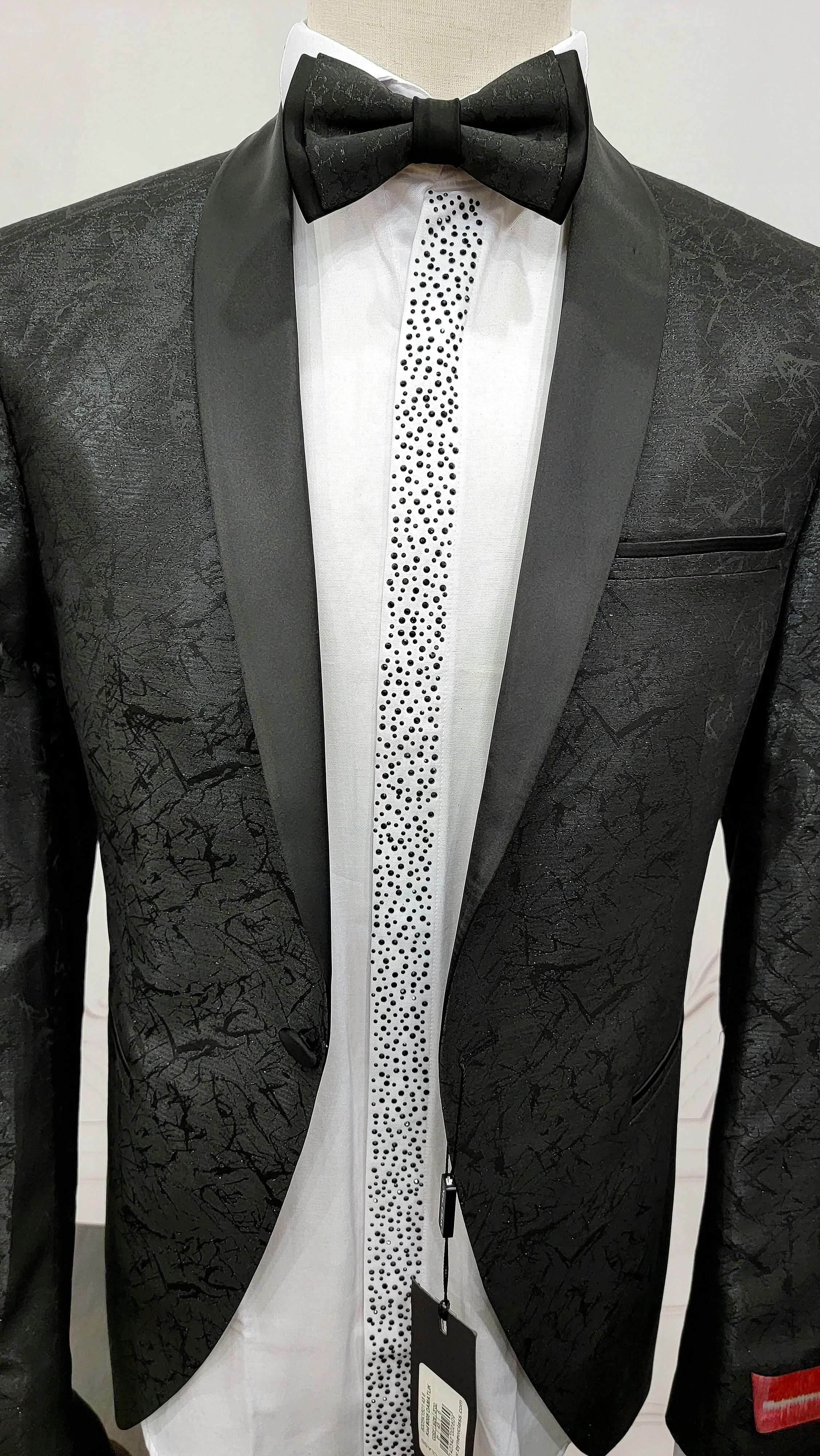 Single Button Two-Piece Tuxedo Suit with matching bow tie and Black Pants.