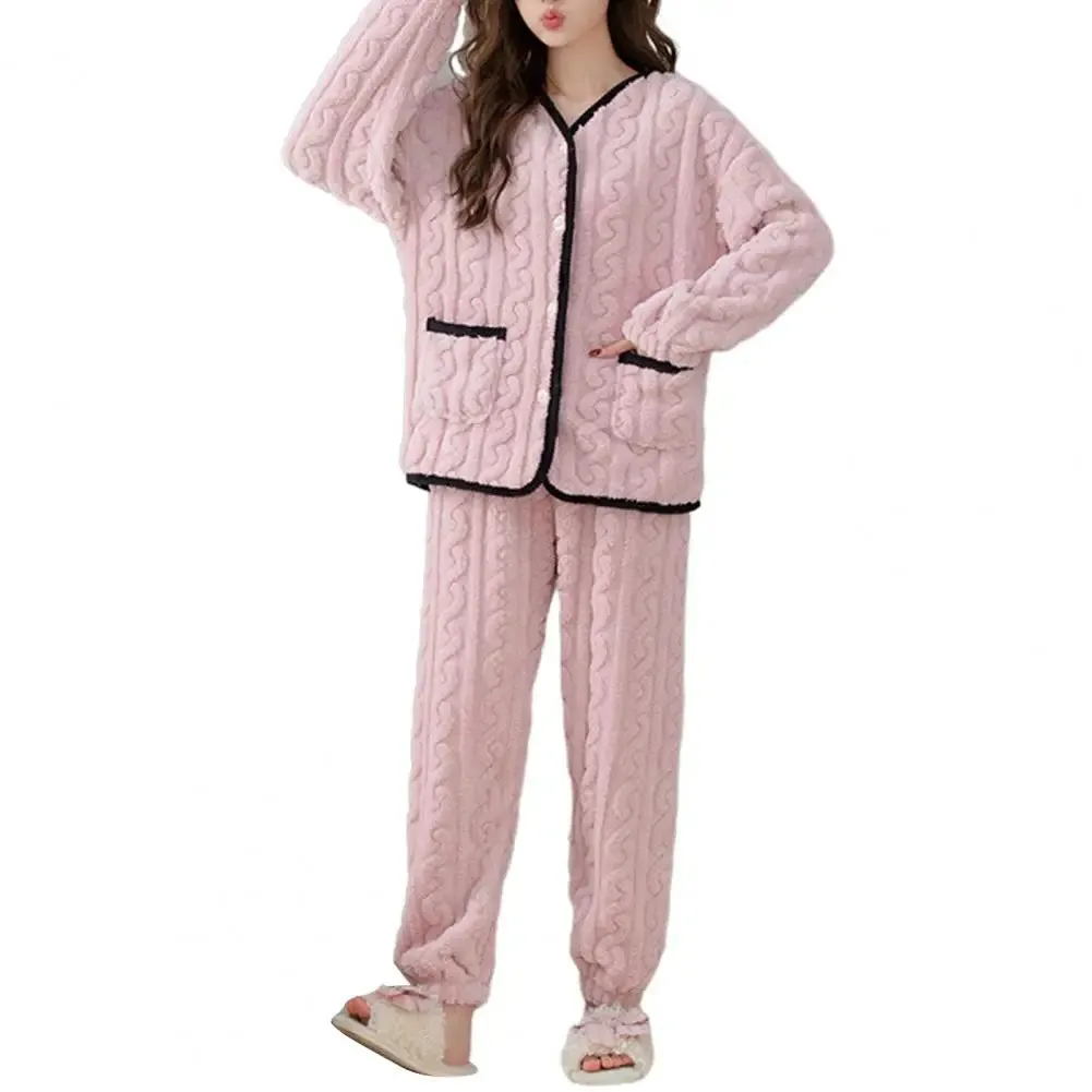 Sleepwear Women Pajamas Set Winter Fleece Velvet 2 Pieces Home Suit Sleep Fluffy Korean Warm Night Wear