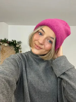 Soft Boucle Wool Knitted Beanie Hat - Bright Pink