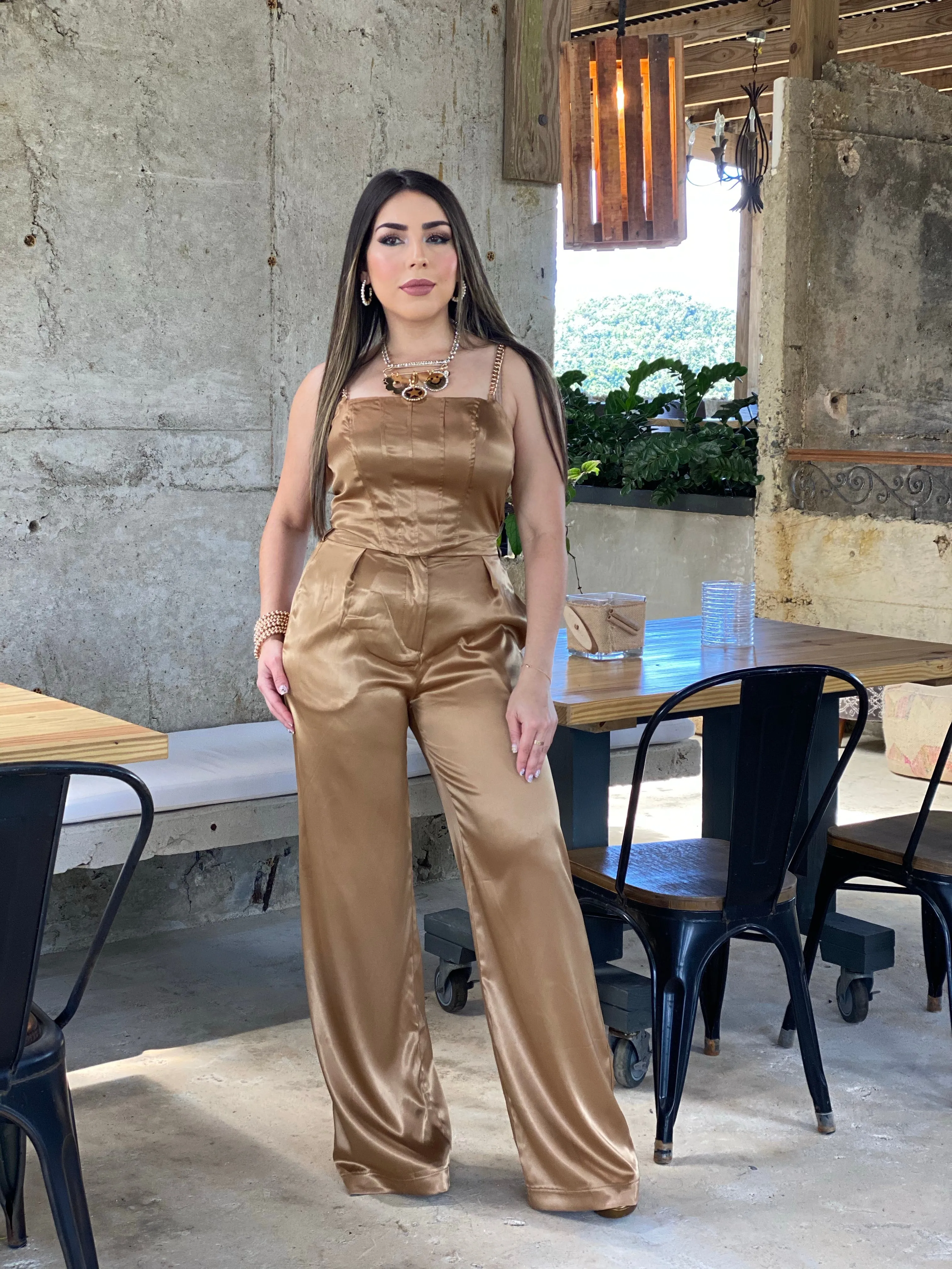 SOLID SATIN GOLD CHAIN STRAP TOP & WIDE PANTS SET