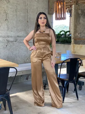 SOLID SATIN GOLD CHAIN STRAP TOP & WIDE PANTS SET