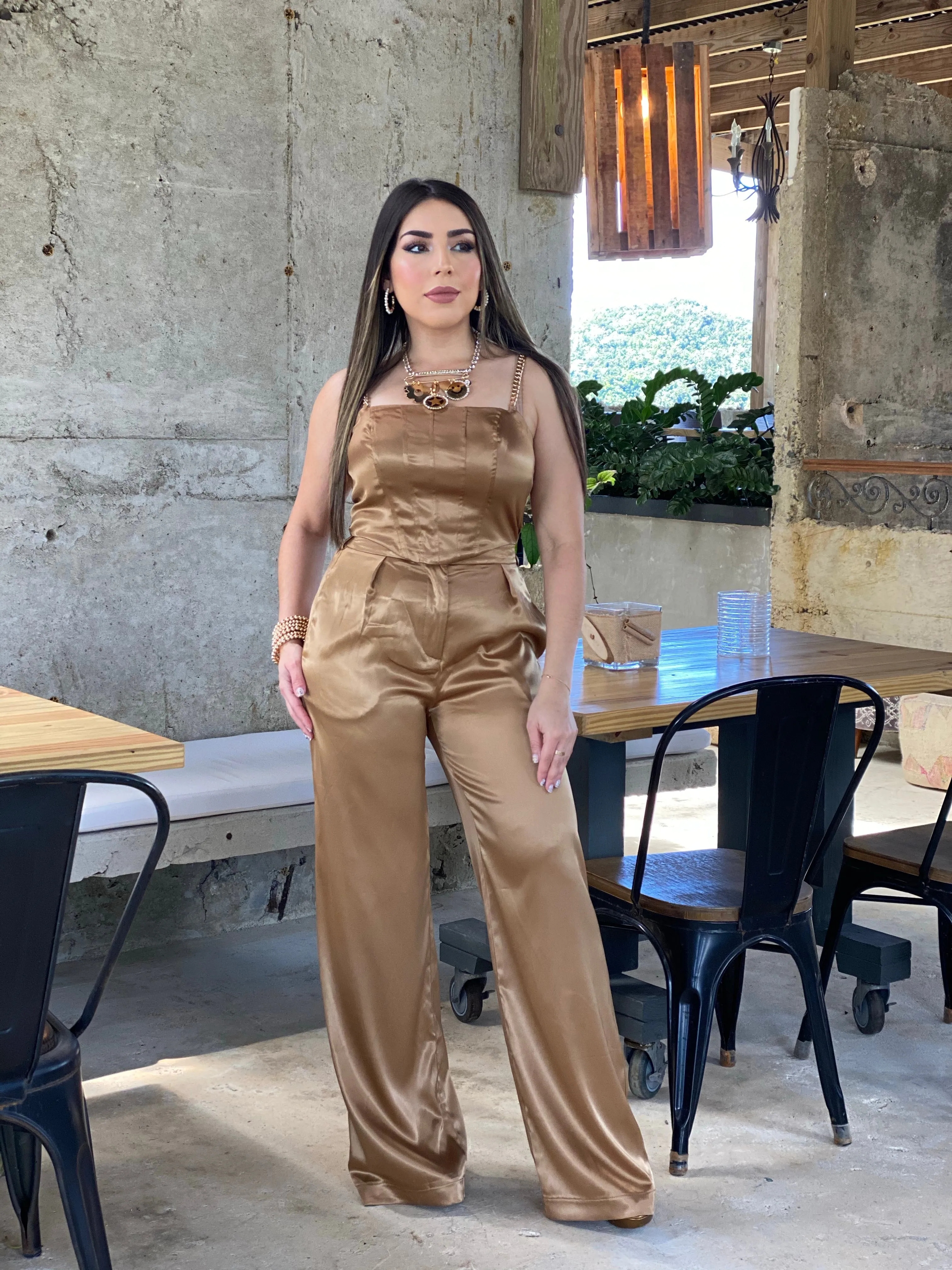 SOLID SATIN GOLD CHAIN STRAP TOP & WIDE PANTS SET