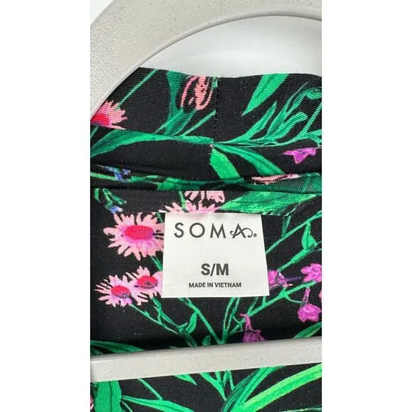 Soma Womens Cool Nights Kimono Robe Belted Passage Floral Black Size S/M NWT