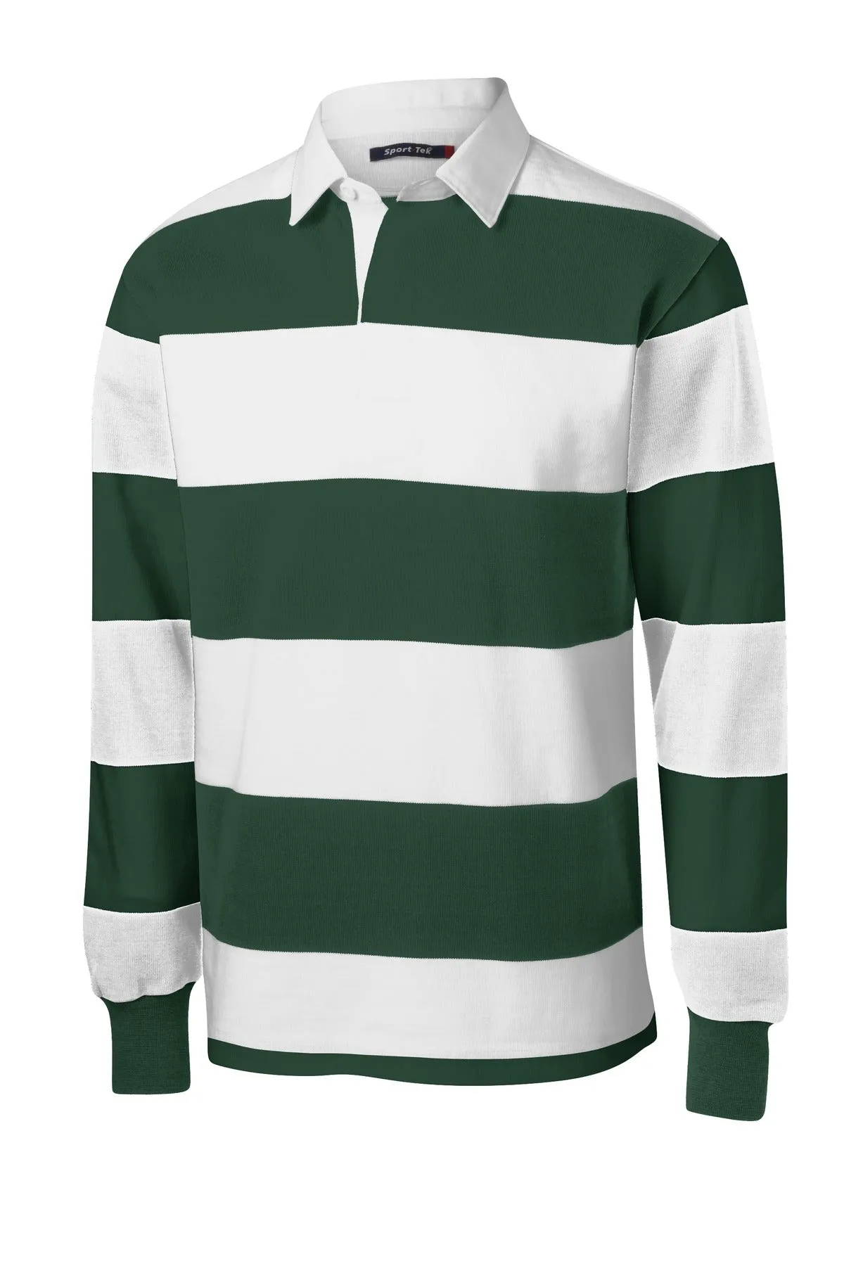 Sport-Tek Classic Long Sleeve Rugby Polo. ST301 Forest Green/ White