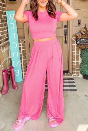 Strawberry Pink Slim Fit Crop Top and Pleated Wide Leg Pants Set
