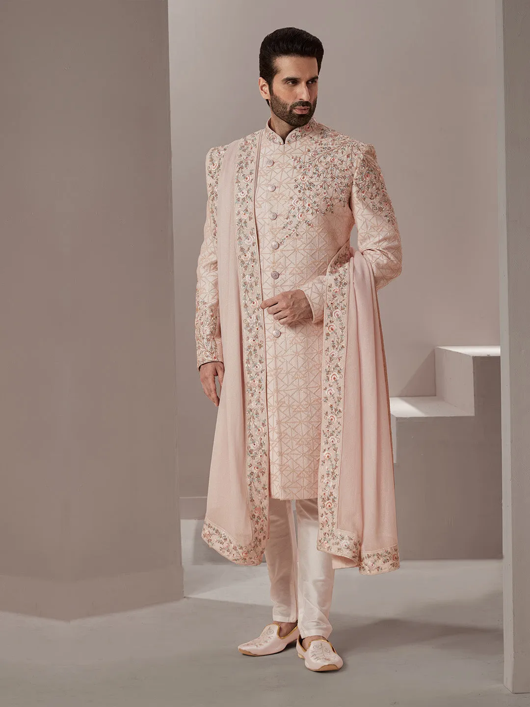 Stunning Pink Sherwani with Floral Detailing and Chevron