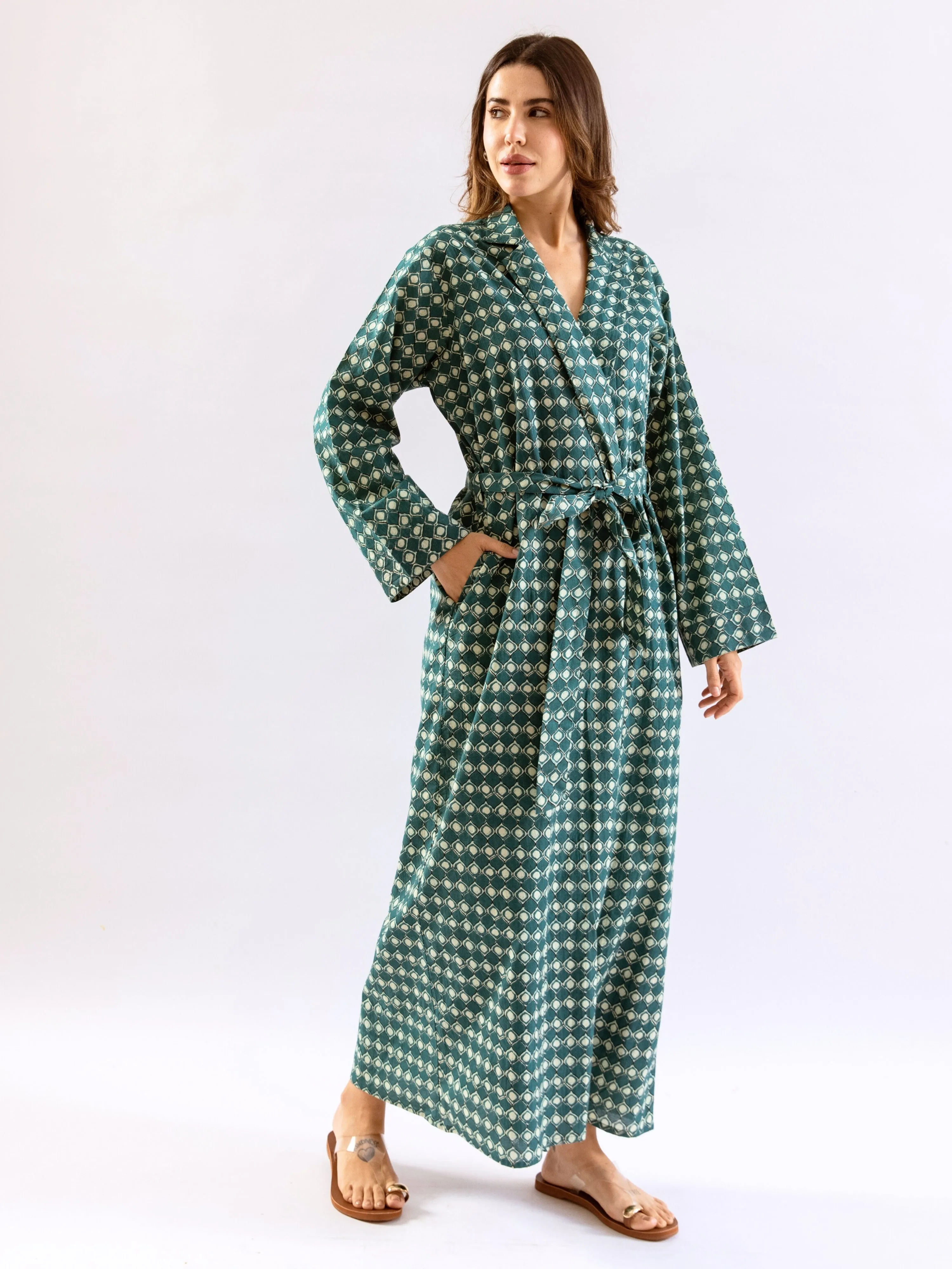 Teal Breezy Boho Pure Cotton V neck Sleepwear Robe Set