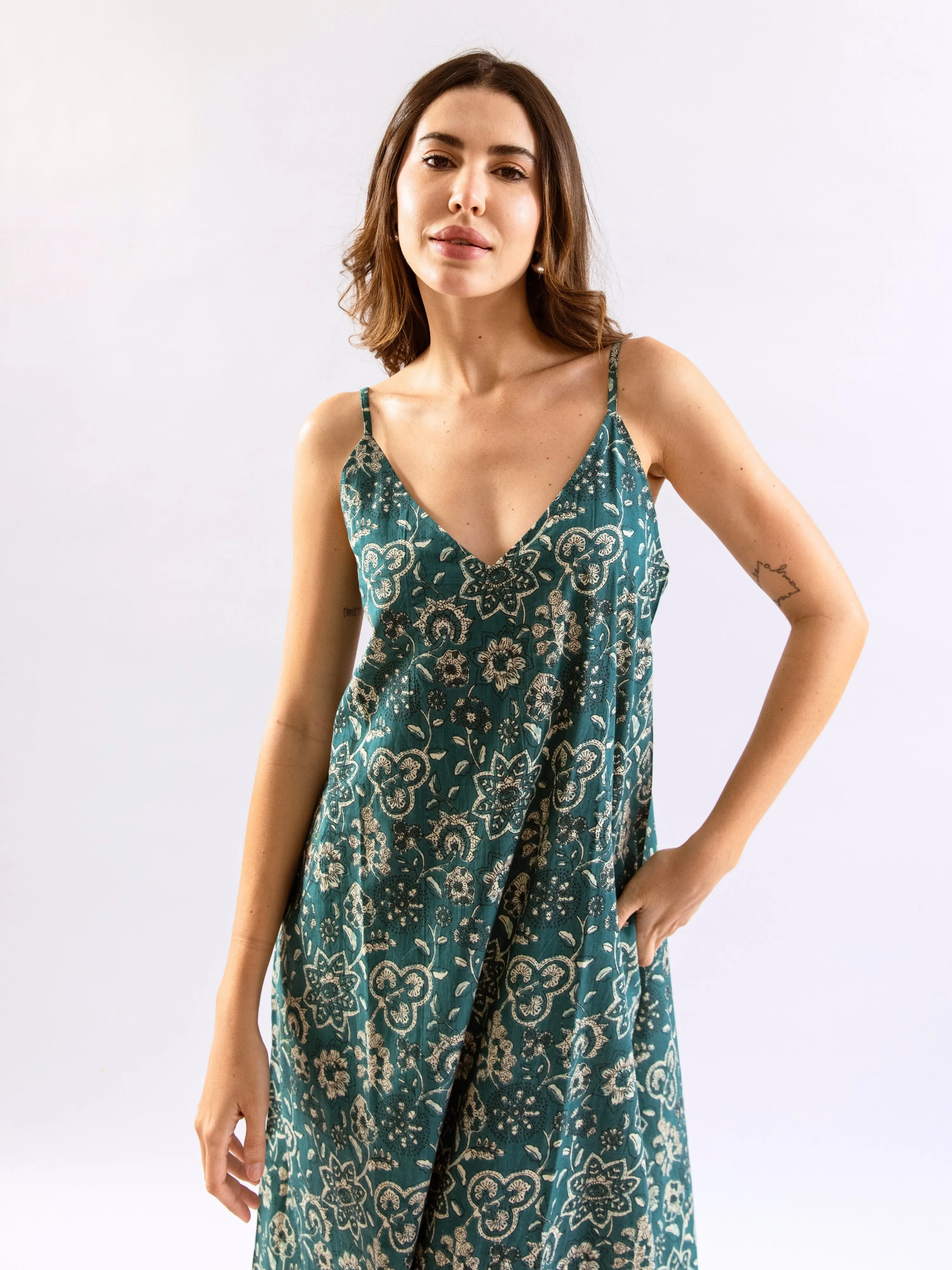 Teal Breezy Boho Pure Cotton V neck Sleepwear Robe Set