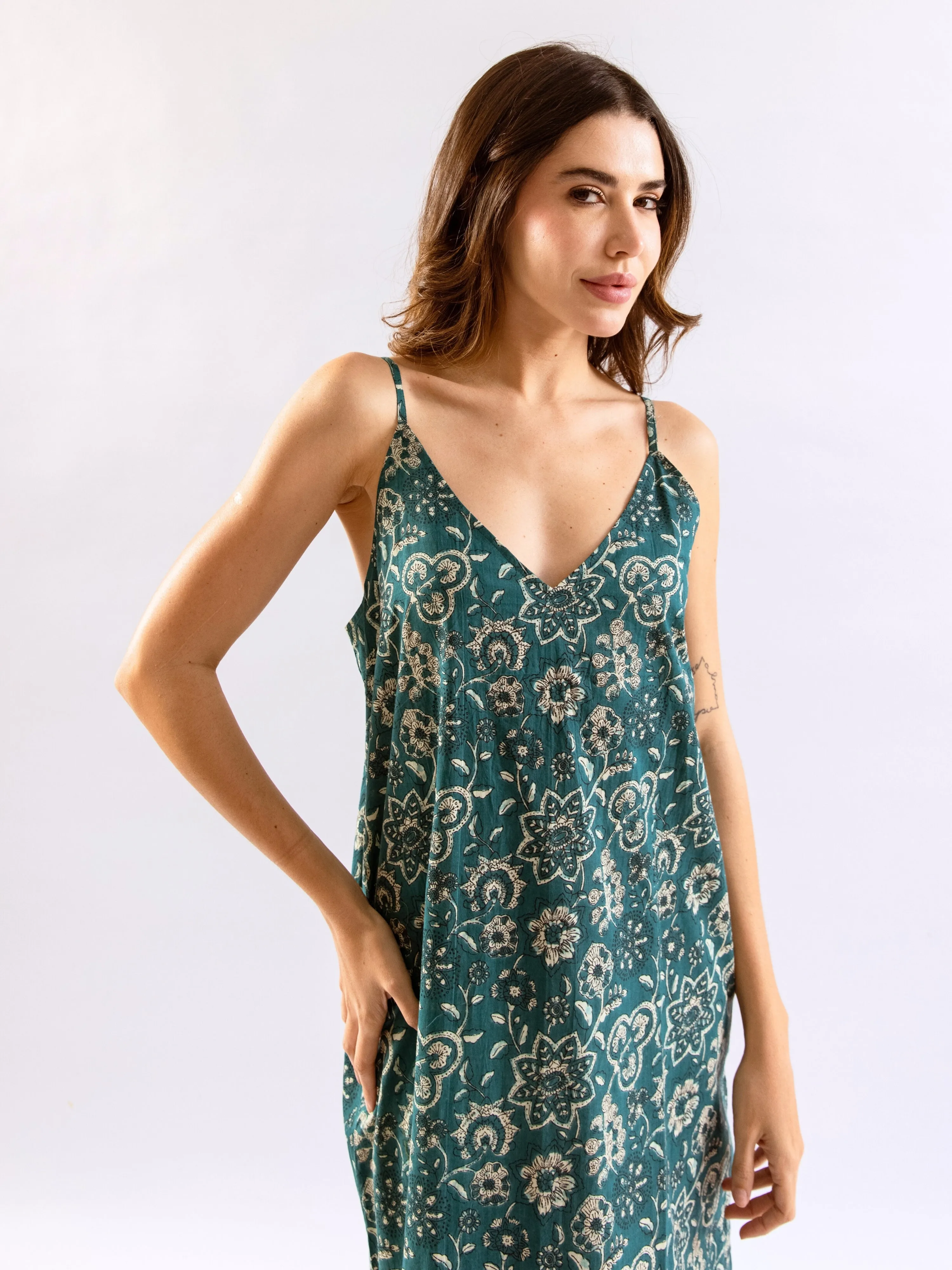 Teal Breezy Boho Pure Cotton V neck Sleepwear Robe Set