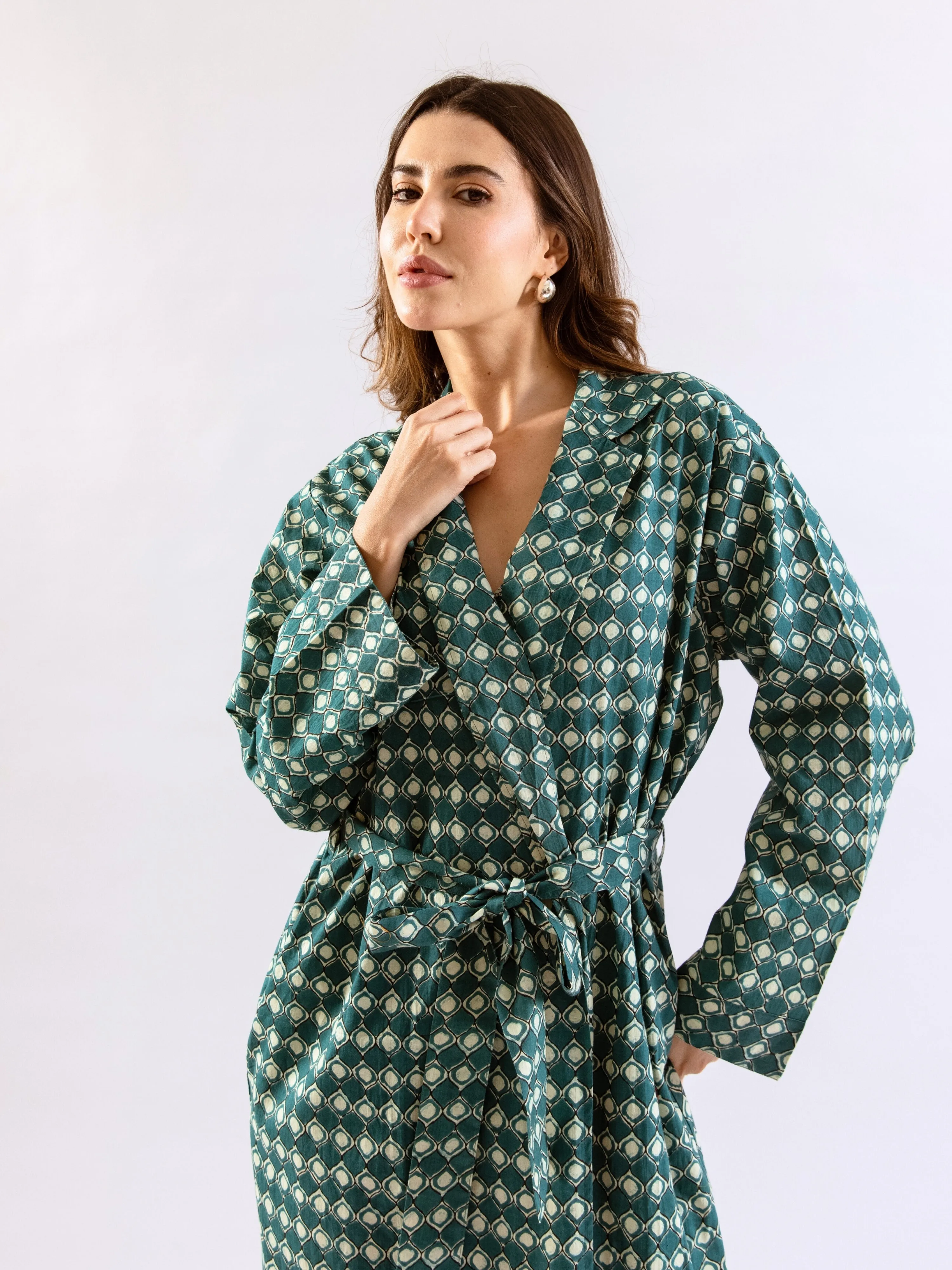 Teal Breezy Boho Pure Cotton V neck Sleepwear Robe Set