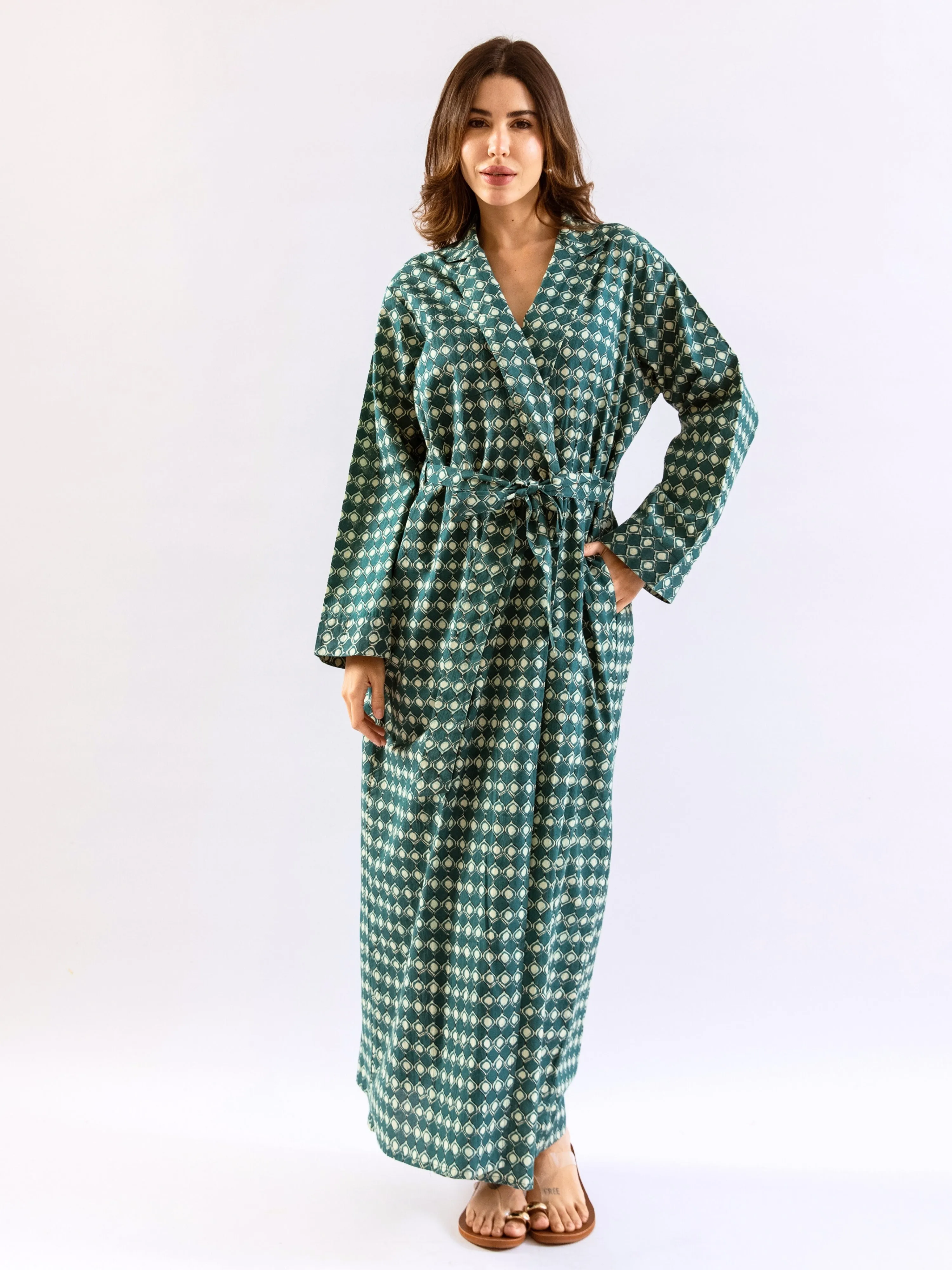 Teal Breezy Boho Pure Cotton V neck Sleepwear Robe Set