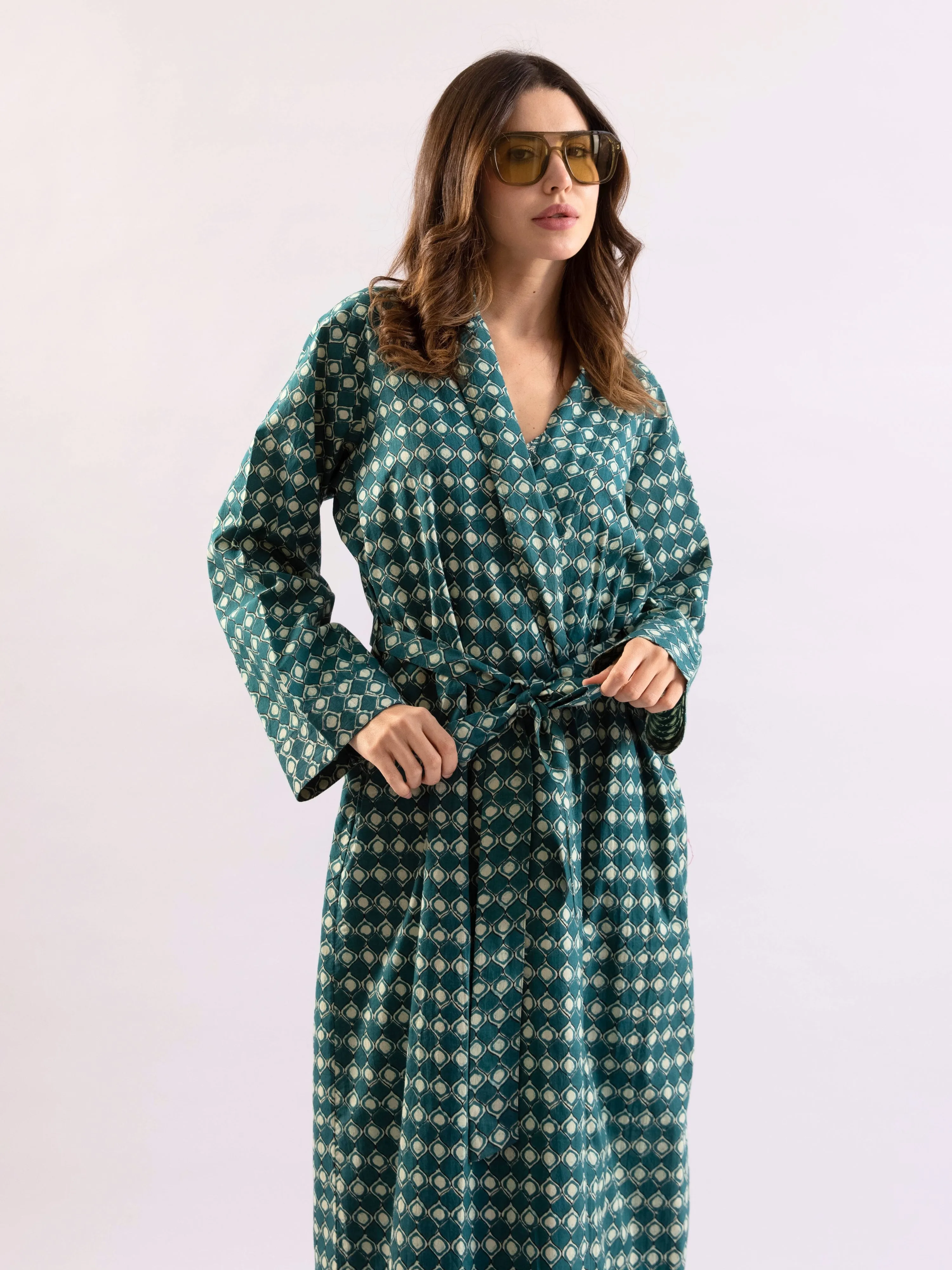 Teal Breezy Boho Pure Cotton V neck Sleepwear Robe Set