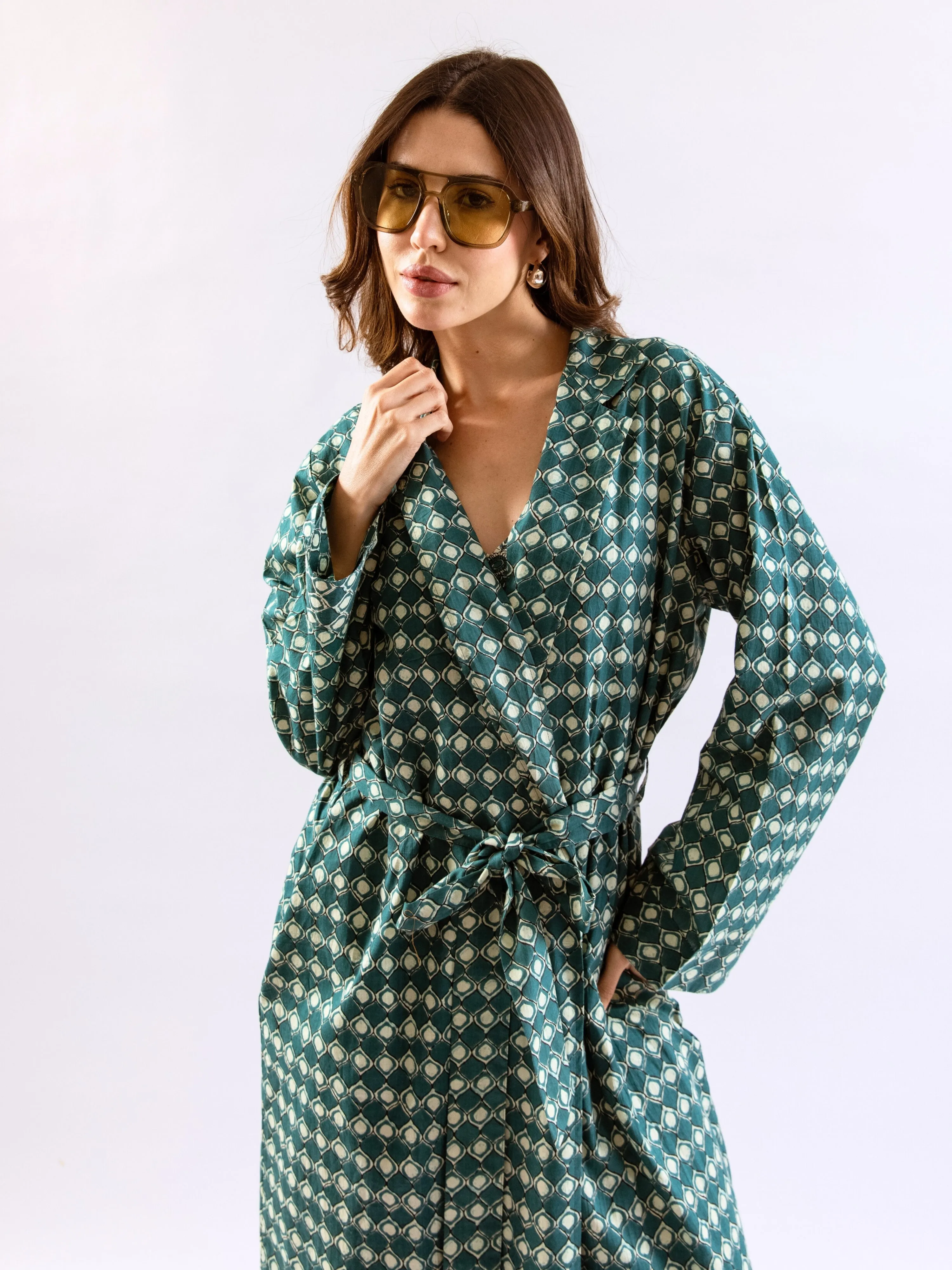 Teal Breezy Boho Pure Cotton V neck Sleepwear Robe Set
