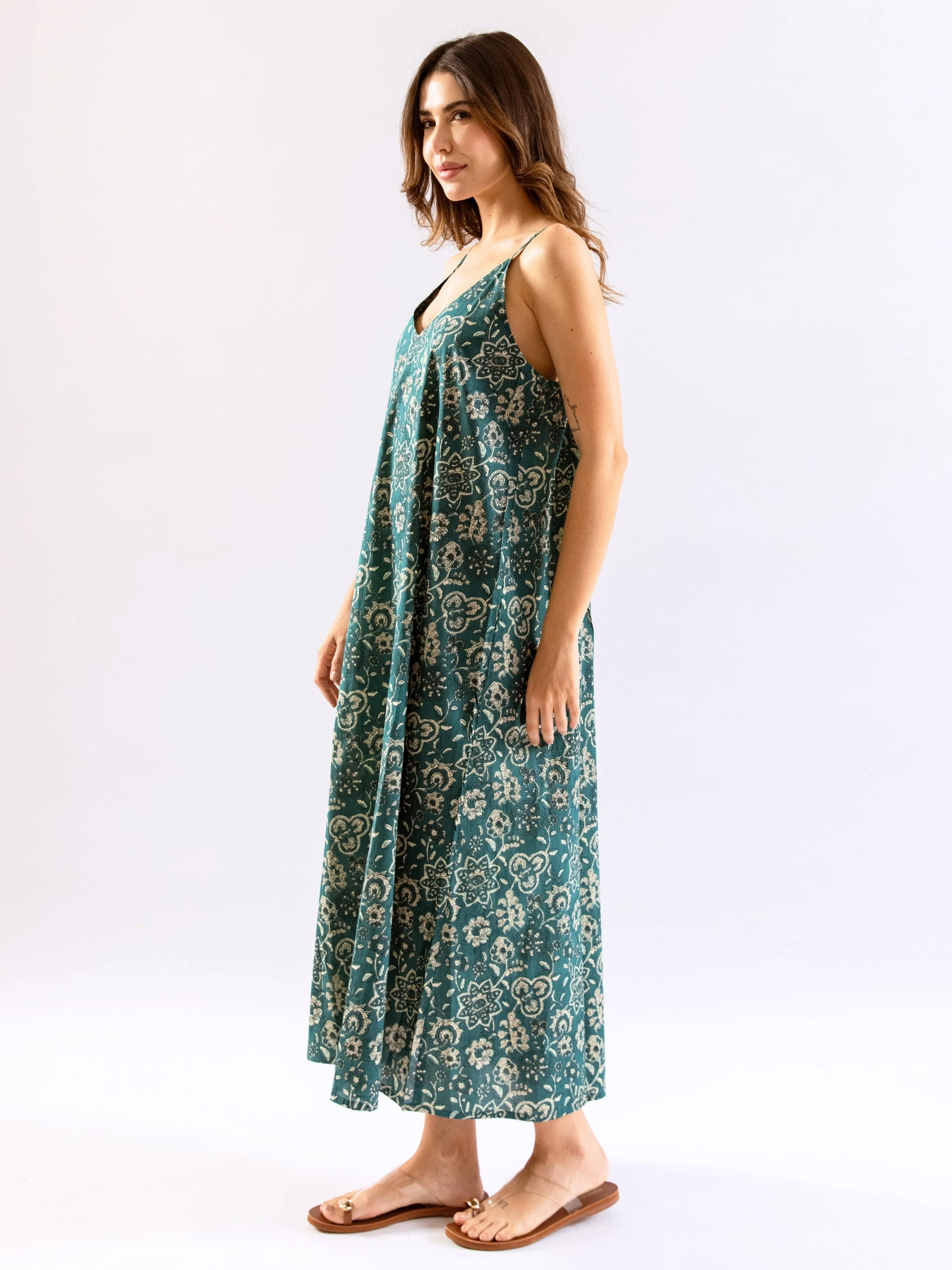 Teal Breezy Boho Pure Cotton V neck Sleepwear Robe Set