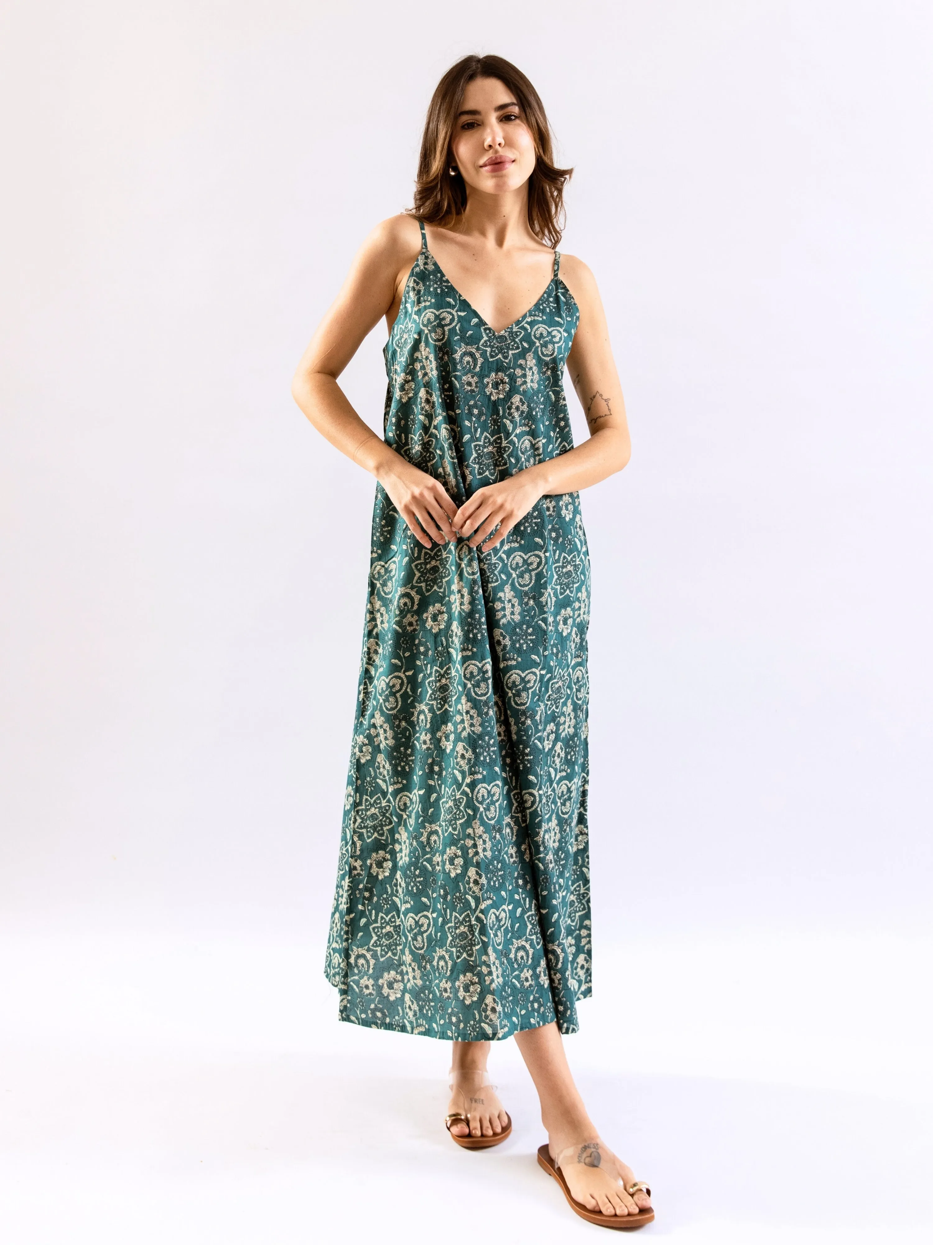 Teal Breezy Boho Pure Cotton V neck Sleepwear Robe Set