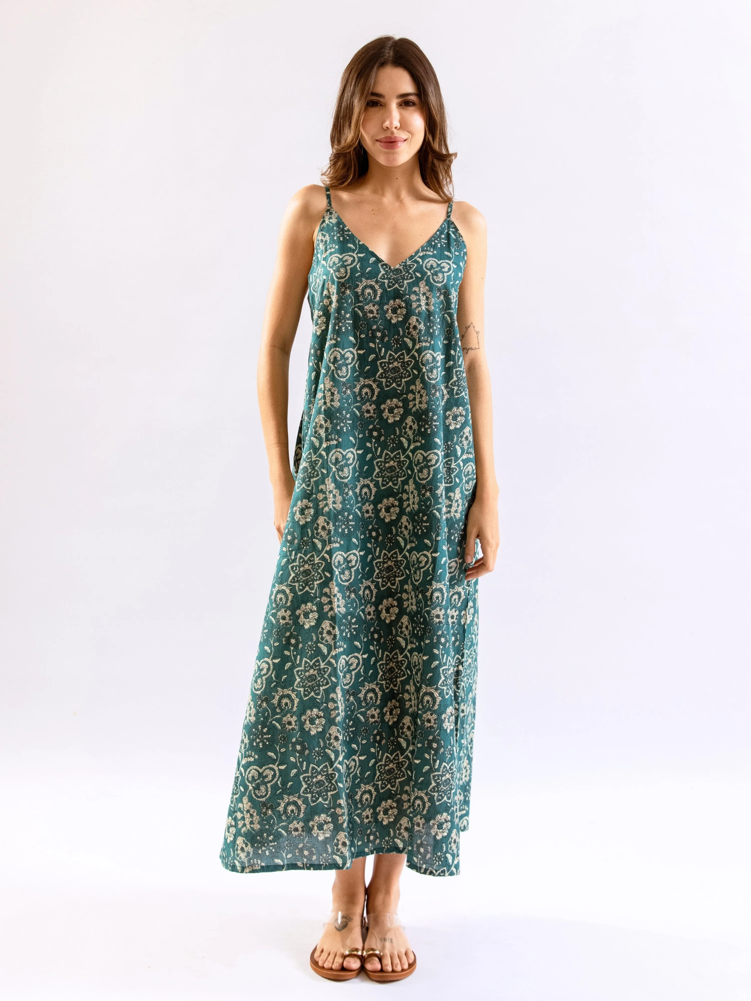 Teal Breezy Boho Pure Cotton V neck Sleepwear Robe Set