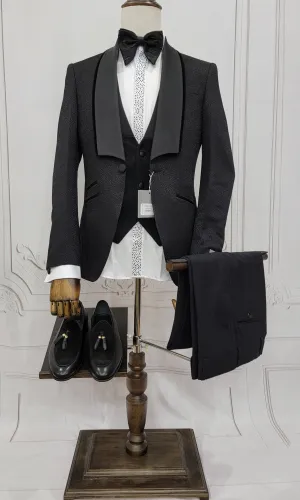 Three Piece Tuxedo Suit with Black velvet accented Lapel and Pants.