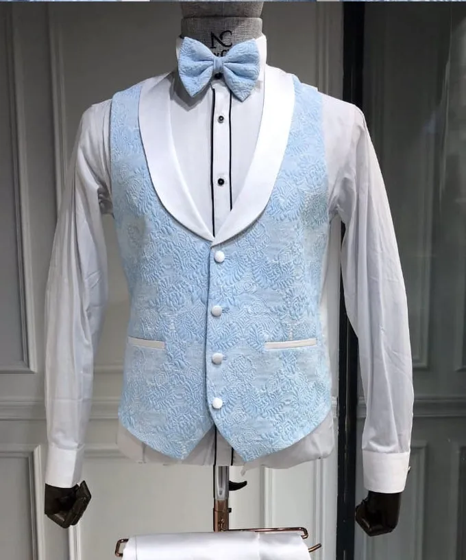 Three Piece Tuxedo Suit with Contrasting White Lapel and White Pants