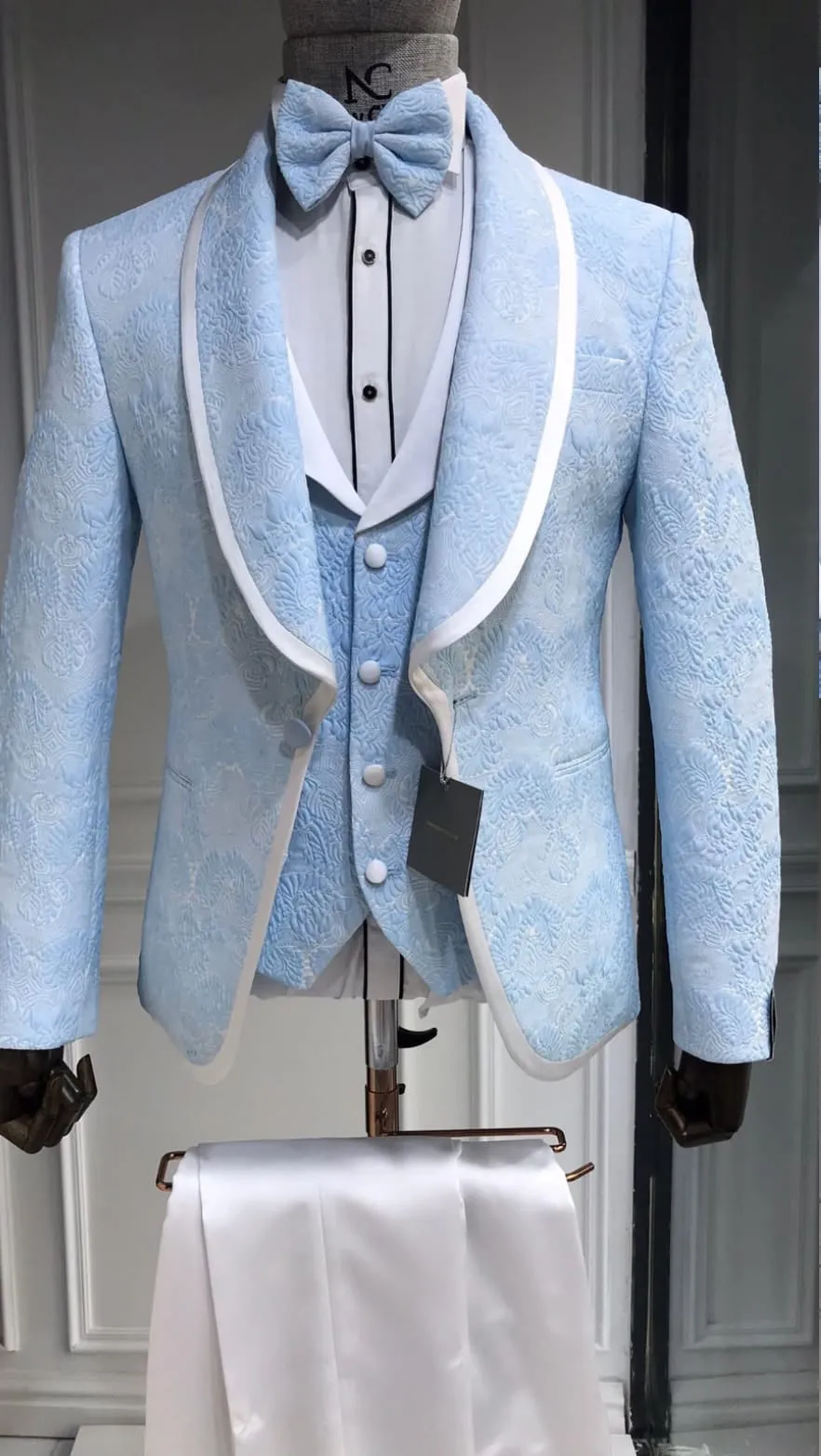 Three Piece Tuxedo Suit with Contrasting White Lapel and White Pants