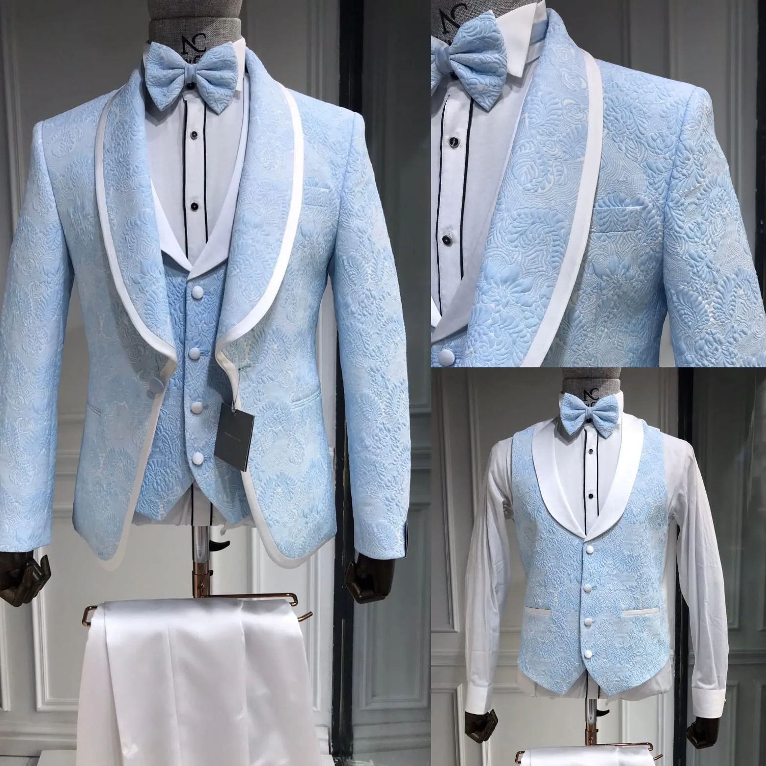 Three Piece Tuxedo Suit with Contrasting White Lapel and White Pants