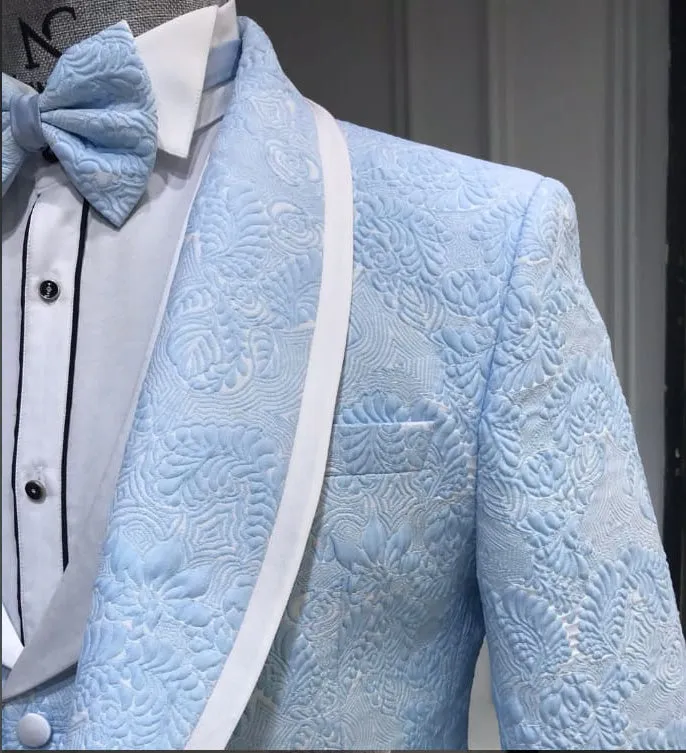 Three Piece Tuxedo Suit with Contrasting White Lapel and White Pants