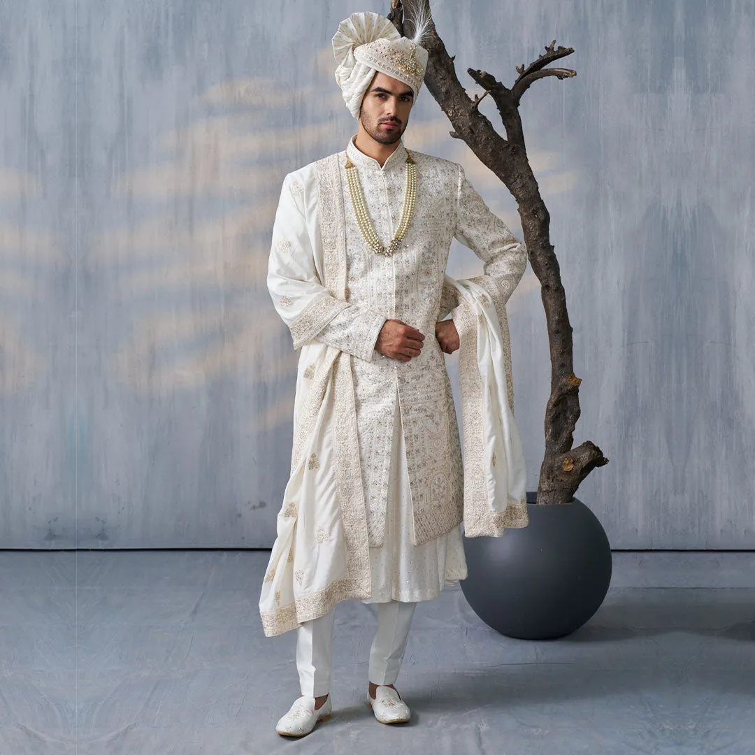 Timeless Off-White Sherwani with Full Floral Embroidery