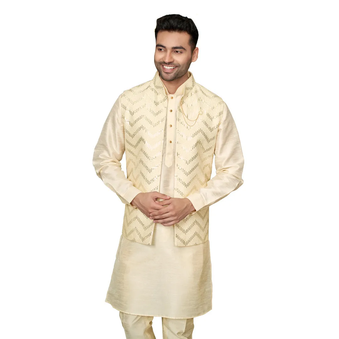 Trendy Cream Silk Waistcoat Set