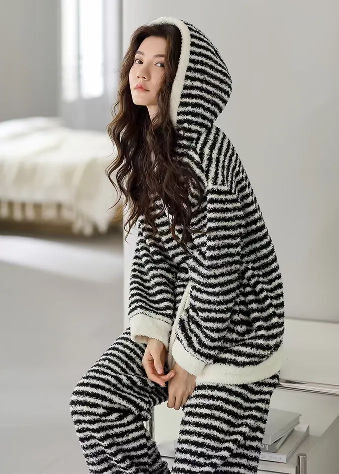 Upgraded Black &amp; White Striped Flannel Loungewear Set