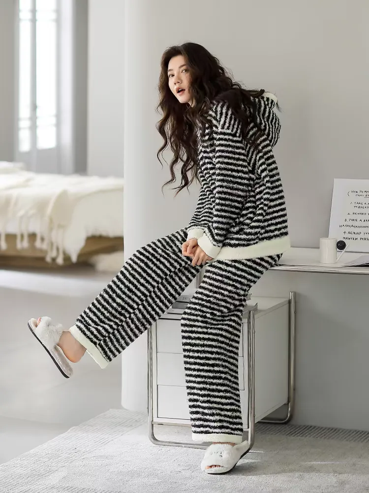 Upgraded Black &amp; White Striped Flannel Loungewear Set