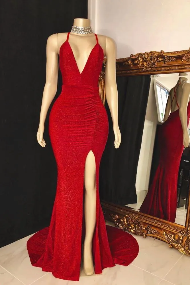 V-neck Cross Back Sleeveless Long Mermaid Prom Dresses