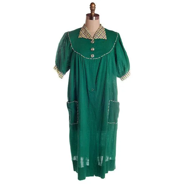 Vintage Green Seersucker Housecoat /Robe/Dress 1930s Any Sz