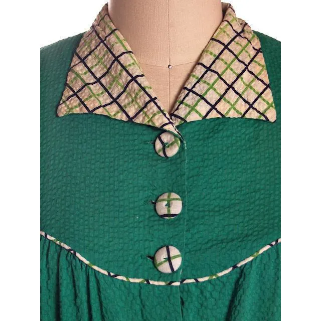 Vintage Green Seersucker Housecoat /Robe/Dress 1930s Any Sz