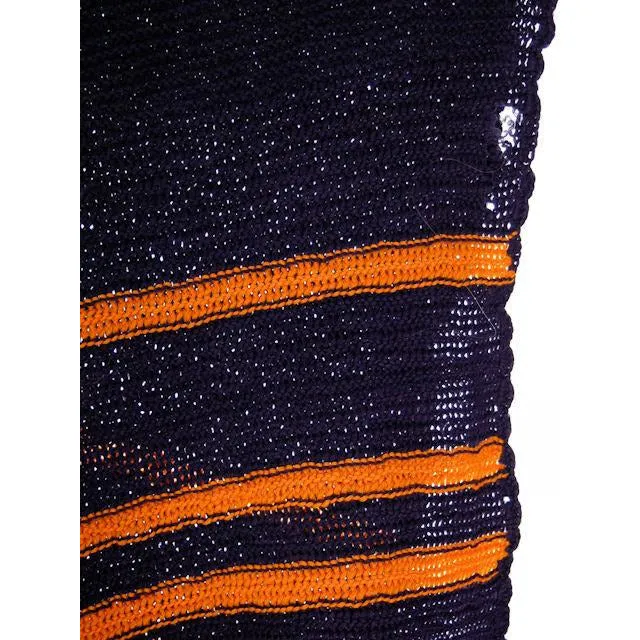 Vintage Hand Knit Scarf/Shawl Navy w Gold Stripes Large Early 1920s 72"
