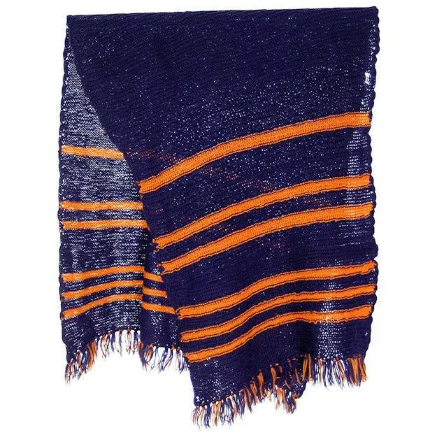 Vintage Hand Knit Scarf/Shawl Navy w Gold Stripes Large Early 1920s 72"