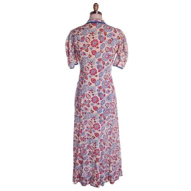 Vintage Printed Robe Unique Zipper Front Ealry 1940s Red/Blue/White 37-32-40