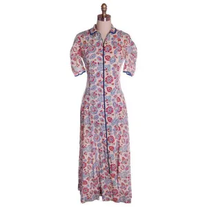 Vintage Printed Robe Unique Zipper Front Ealry 1940s Red/Blue/White 37-32-40