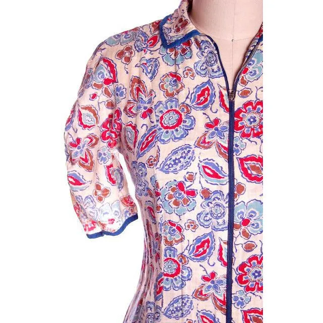 Vintage Printed Robe Unique Zipper Front Ealry 1940s Red/Blue/White 37-32-40