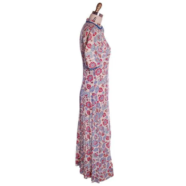 Vintage Printed Robe Unique Zipper Front Ealry 1940s Red/Blue/White 37-32-40