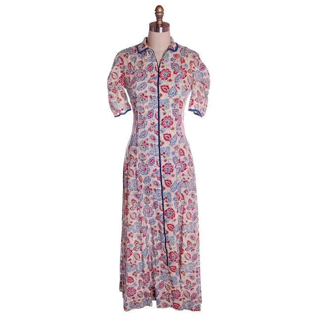 Vintage Printed Robe Unique Zipper Front Ealry 1940s Red/Blue/White 37-32-40