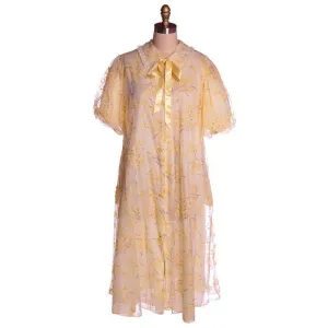 Vintage Yellow Flocked Nylon Chiffon Robe 1950s Marilyn 44 Bust Adorable