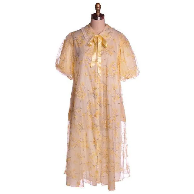 Vintage Yellow Flocked Nylon Chiffon Robe 1950s Marilyn 44 Bust Adorable