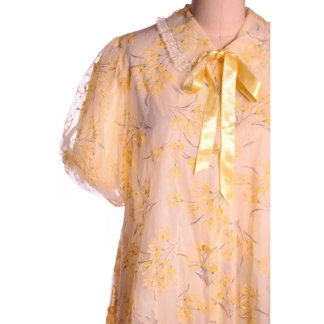 Vintage Yellow Flocked Nylon Chiffon Robe 1950s Marilyn 44 Bust Adorable