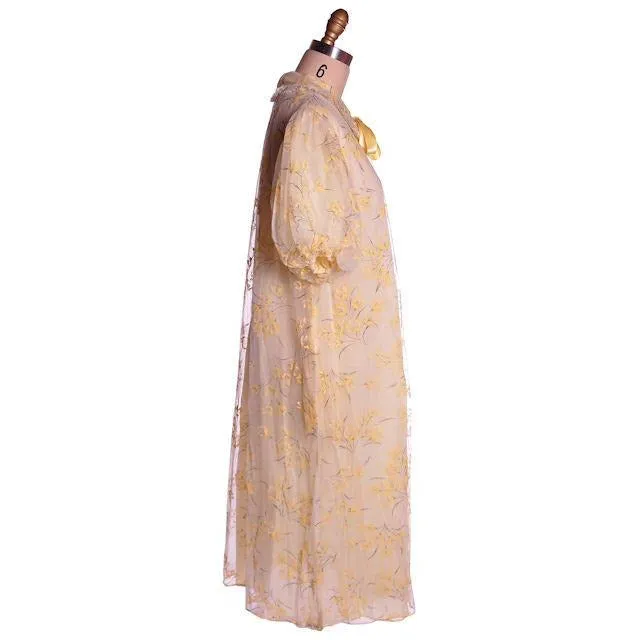Vintage Yellow Flocked Nylon Chiffon Robe 1950s Marilyn 44 Bust Adorable